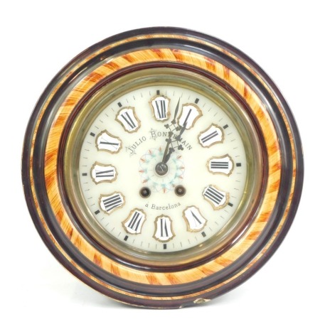 An early 20thC Catalan wall clock, white marble circular dial bearing raised enamel and brass banded Roman numerals for Julio Bonnemain Barcelona, circular face with painted wood decoration, eight day movement, 37cm diameter.