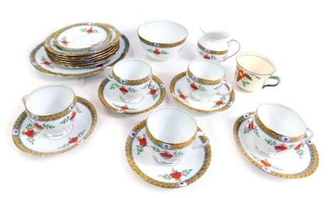 A Melba bone china part tea service, each piece decorated with flowers against a white ground, with gilt highlights, to include tea cups and saucers, sugar bowl, milk jug, etc. (a quantity)