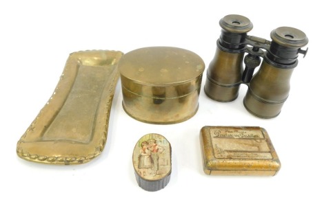 A group of collectables, comprising a pair of Vantier Palais Royale 174 brass marine binoculars, a brass pen tray, brass tobacco box and cover, of oval form, 11cm wide, and two bygone tins.