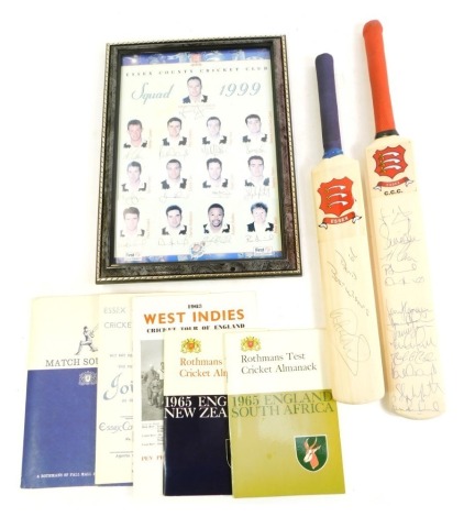 A group of cricketing memorabilia, to include two miniature bats for Essex, bearing various signatures, framed Essex County Cricket Club Squad 1999 picture, bearing facsimile signatures, 29cm x 20cm, and various almanacs for matches in 1960s.