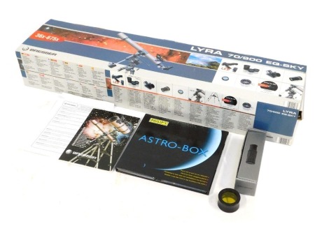 A Bresser Lyra telescope, 70-900 EQ-SKY, boxed, together with instruction booklet, a Stellarscope, binocular filter, and a Philips Astro Box planner. (3)