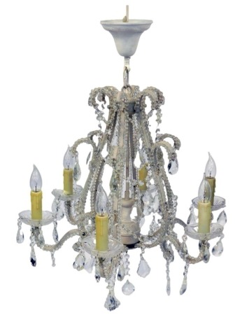 A 20thC six branch chandelier, with cut glass drops, approx 72cm high.