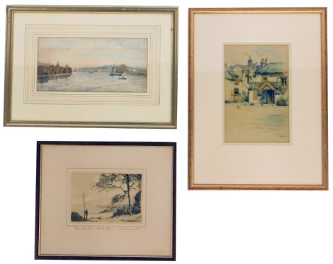 George H Downing. Keswick from Castle Head, pencil sketch, signed, 11cm x 15.5cm, together with a watercolour study depicting fishing boats on lake, 12cm x 25cm, and a print. (3)