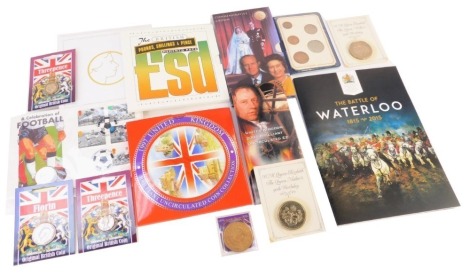 Collectors coins, comprising Golden Wedding commemorative crown, Celebration of Football first day cover, 1997 United Kingdom coin collection, 2003, and The British Pound Shilling and Pence memento pack, presentation florins, Britain's First Decimal Coin 