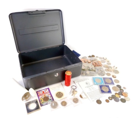 Early 20thC and later UK coinage, to include two pence pieces, one pence pieces, Victorian penny, fifty pence pieces, collectors crowns, shillings, two shillings, fifty pence pieces, etc., enclosed in a metal deeds box. (a quantity)