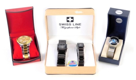 Four wristwatches, comprising Swiss Line magnetic style his and hers watches, BMW collectors watch, and an Orlando gent's wristwatch, boxed. (4)