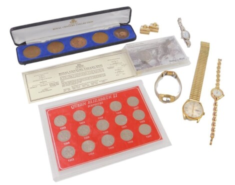 A Royal Centenary Collection cased one penny set, The Queen Elizabeth II Sixpence Presentation Pack, Daily Mail First World War Commemorative Kings shilling, and a small group of costume jewellery, to include cufflinks, plated wristwatches, etc.