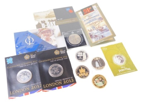 Collectors coins, comprising two Countdown to London 2012 five pound coins, a Disney's Peter Pan fifty pence piece, Diamond Jubilee five pound commemorative coin, 50th Anniversary of the D-Day Landings collectors coin, crowns, five pound Centenary world c