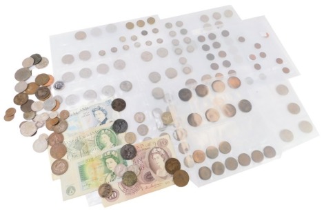 A group of Victorian and later coinage, to include shillings, two shillings, cartwheel penny, pennies, halfpennies, farthings, two Bank of England one pound notes, a Bank of England ten pound note and five pound note. (a quantity)