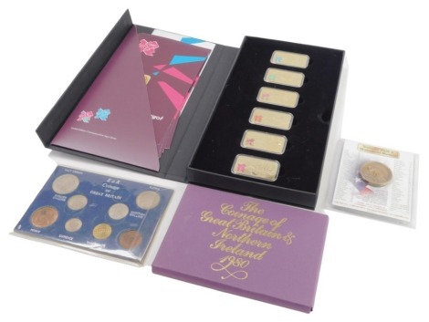 A limited edition London 2012 ingot six series set, each layered with 24ct gold, in presentation pack, to include 1908 London Olympic Games, 1948 London Olympics Games Return, 1948 London Paralympic Games, 2005 London Winning Bid, 2008 Hand Over to London