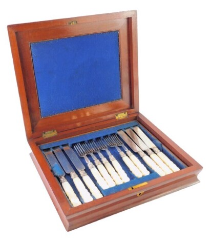 A 19thC EPNS and mother of pearl twelve piece dessert set, in fitted mahogany case, bearing vacant brass crest.