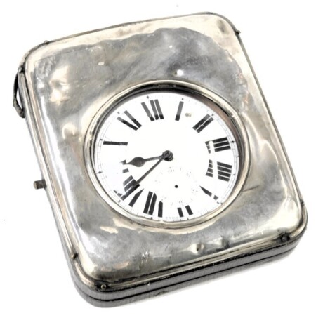 A railway regulator watch, in silver mounted rectangular travel frame, 11cm x 9cm, Birmingham 1919. (AF)