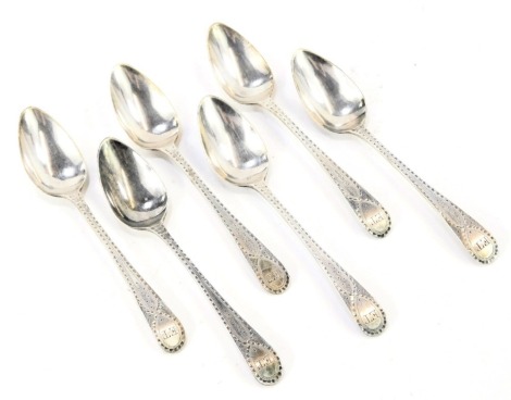 A set of six early 19thC bright cut silver teaspoons by Peter Ann and William Bateman, each bearing the initials ET, London assay, 2.27oz.