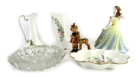 A group of ceramics and glassware, to include a Coalport porcelain figure modelled as Ladies of Fashion Jean, a Goebel figure group depicting young girl feeding fawn, 12cm high, Aynsley porcelain, etc. (a quantity)