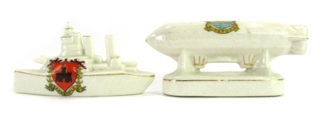 Two pieces of crested ware, comprising a ship for Barnstaple, 12cm wide, and a Zeppelin for Bideford.