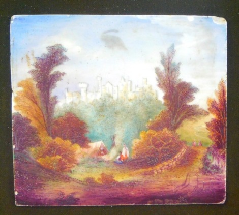 An early 19thC Derby painted porcelain plaque, depicting figures before Belvoir Castle, 10.5cm x 12cm, framed.