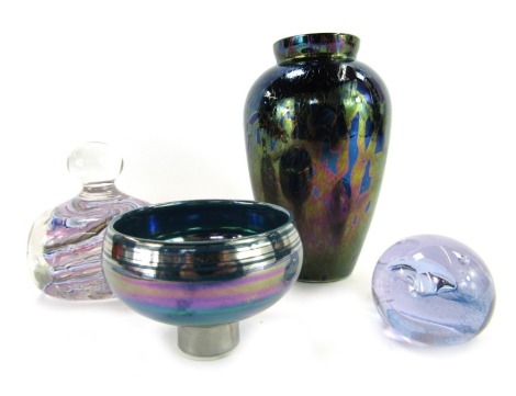 A group of decorative glassware, to include a glass vase of cylindrical tapering form with oiled type decoration, 16cm high, paperweight of rounded square form, with handle, decorated with flashes of pink and blue, 10cm high, etc.