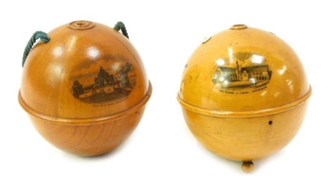 A Mauchline ware string box, of orb form for The New Pier Skegness, 12cm high, and another for The School and Chapel Uppingham.