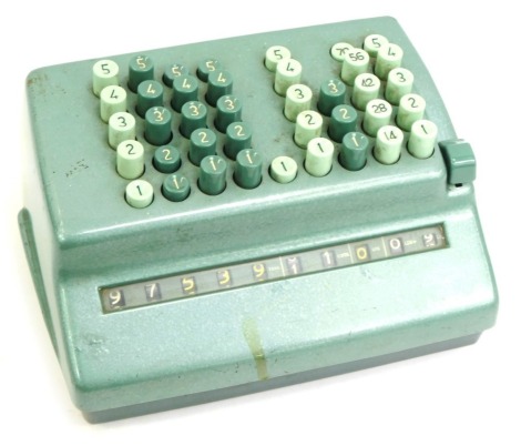 A mid century Plus adding machine, by Bell Punch Company Ltd, BS1909, in green, model number 509-Y-817658, 24cm wide.