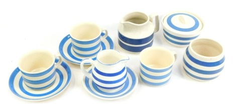 A group of TG Green and other blue and white banded Cornish type ware, to include teacups, jug, saucers, sugar bowl, etc.