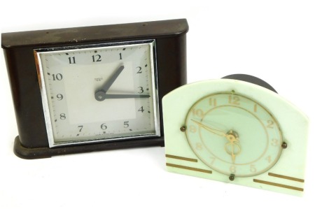 Two early 20thC mantel clocks, comprising a Smiths brown Bakelite cased clock, with square dial bearing Arabic numerals, 16cm high, and an Art Deco Clyde clock.