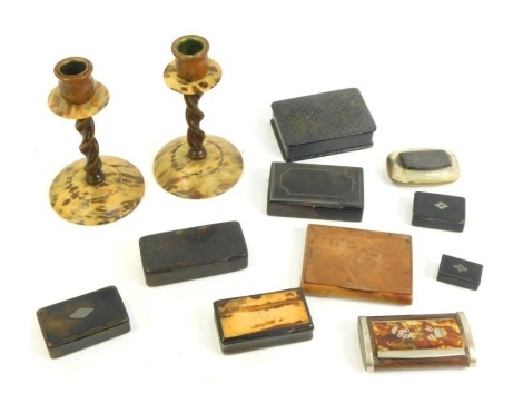 Bygones, collectables, etc., to include a pair of Bakelite candlesticks, various wooden and other snuff boxes, burr wood case, etc. (a quantity)