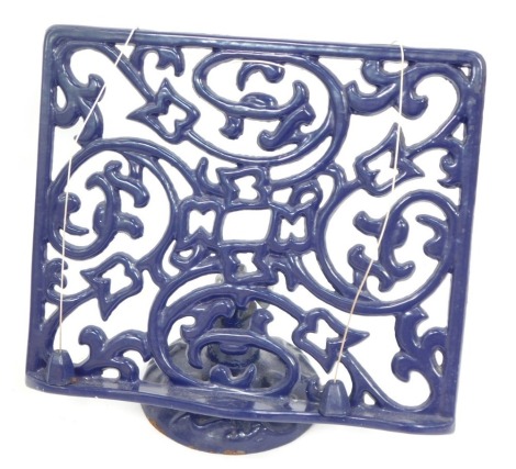 A blue cast metal recipe book stand, 27cm high.