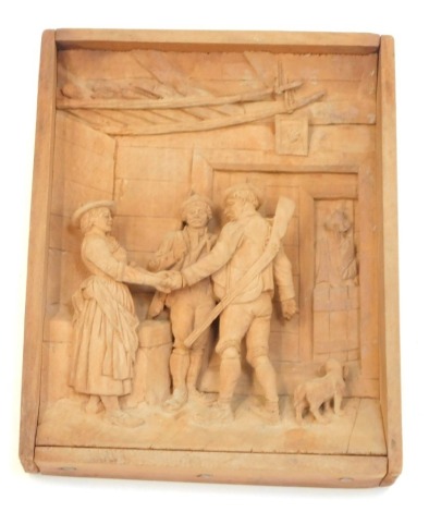 A Black Forest carved wooden panel, depicting figures in a hunting lodge, by repute by Steiner, bearing Insbrook Gallery label verso, 15.5cm x 12cm.