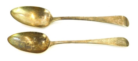 Two George III silver Old English pattern tablespoons, initial engraved, London 1807 and 1808, 3.81oz. (2)