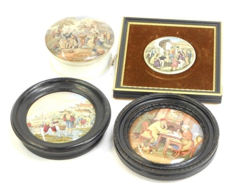 19thC Prattware pot lids, comprising two framed pot lids, A Pair and t Transplanting Rice, a square framed Prattware pot lid, The Dancing Bear, and a flower pot lid on jar, The Village Wedding. (4)