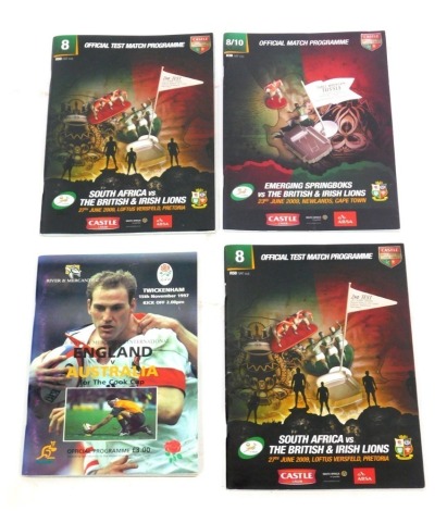 Four Rugby programmes, for England v Australia Cook Cup, 15th Nov 1997, South Africa v The British and Irish Lions, 27th June 2009, Emerging Springboks v The British and Irish Lions, 23rd June 2009, and South Africa v British and Irish Lions, 27th June 20