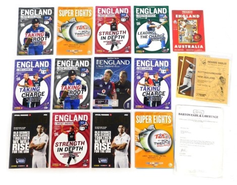 Thirteen England cricket programmes, together with a Richard Hadlee signed letter and programme for Nottinghamshire v New Zealand 5th August 1986, bearing signatures, etc.