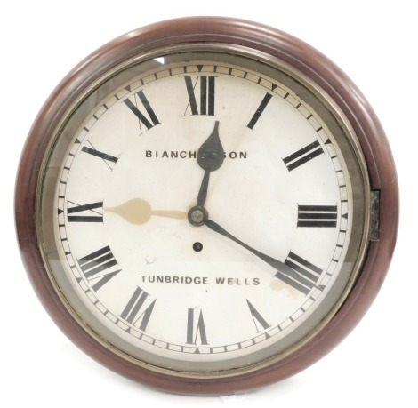 A Victorian mahogany cased wall clock, of circular form, by Bianchi & Son, Tunbridge Wells, circular dial bearing Roman numerals, fusee movement, 32cm high.