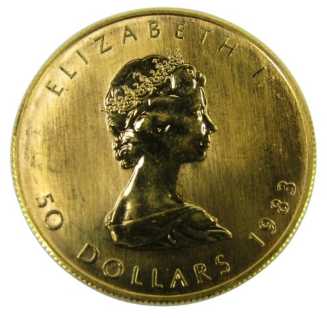 An Elizabeth II Canadian 50 dollars, or Gold Maple Leaf coin, 1983.