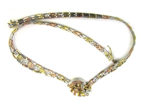 A bicolour necklace, with twist and fan central pendant set with stones, 2.5cm wide, on a graduated bicolour chain, 36cm long, white metal stamped Italy 925, 30.8g all in.