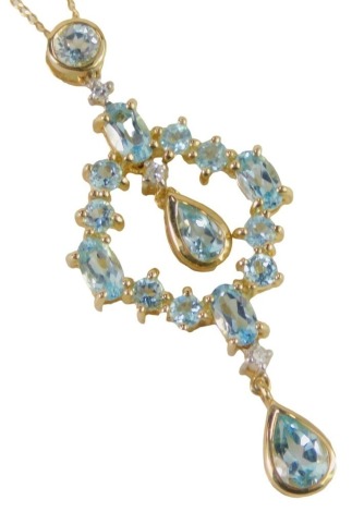 A 9ct gold aquamarine pendant and chain, the tiered pendant with teardrop central drop and lower tier, 4cm high, on a 9ct gold fine link neck chain, 44cm long, 4g all in.