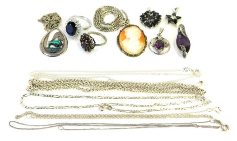 Silver and other jewellery, to include shell cameo brooch, floral pedant, dress ring, clusters, etc., 68.6g al in. (a quantity)