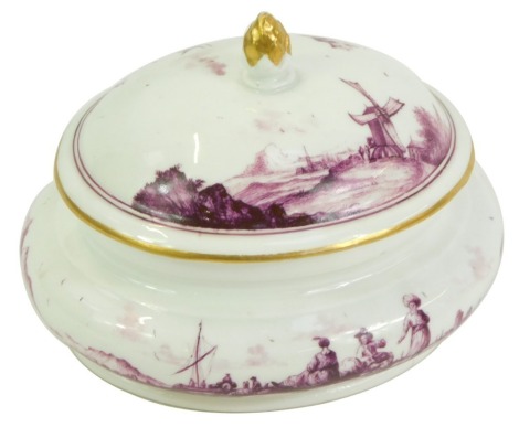 A 19thC Meissen box and cover, painted in manganese with a coastal landscape, with boats, blue cross swords mark, 10cm high, 13cm wide. (AF)