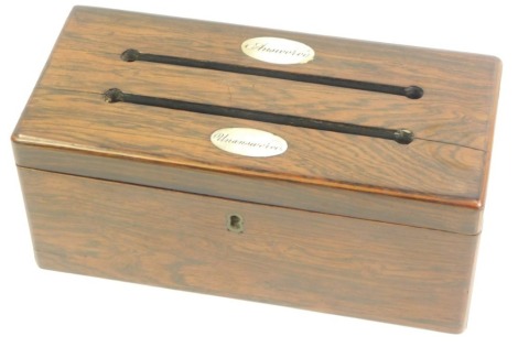 A Victorian rosewood letters box, of rectangular section with two slots for Answered and Unanswered, with mother of pearl labelled markers, 10cm high, 23.5cm wide, 11cm deep.