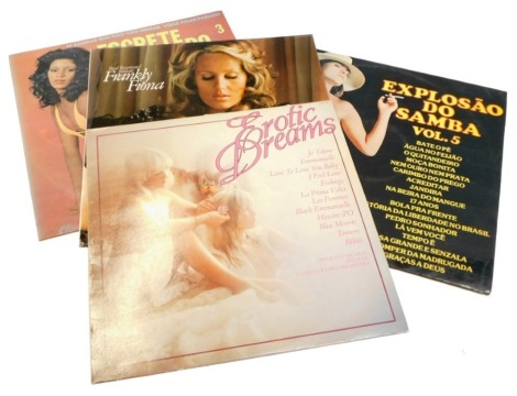 Four 33rpm records, comprising Paul Raymond Presents Frankly Fiona, Explosao Do Samba volume five, Erotic Dreams and Escrete Do Samba volume 3.