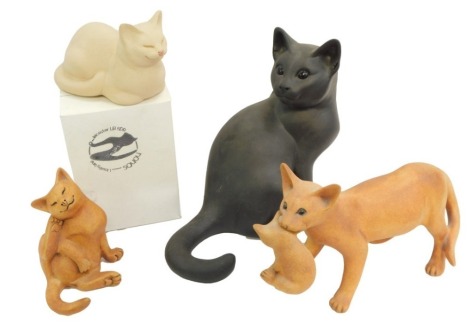 Four Susie Marsh Cat Protection League cat figures, comprising a full black seated cat, 25cm high, a brown mottled finish cat and kitten, 18cm high, cat scratching, 15cm high, and a curled cream cat 16cm wide, one boxed.