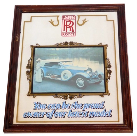 A Rolls Royce advertising mirror, in a mahogany frame, 53cm x 41cm.