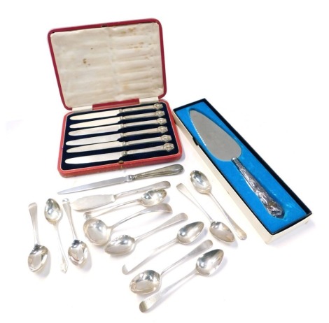 Silver and silver plated cutlery, comprising a set of six Egyptian style silver handled butter knives with stainless steel blades, seven various Old English pattern teaspoons, each bearing initial engraving, comprising TP, BM and W, two teaspoons, preserv