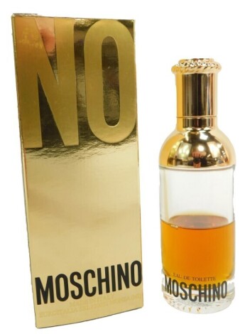 A Moschino lady's perfume, partially used, with pearl top, in box.