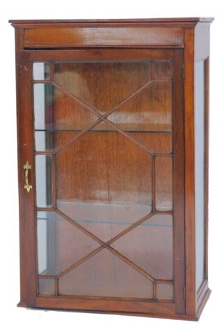 A 20thC mahogany and line inlaid display cabinet, the top with a moulded edge above an astragal glazed door with glass side panels enclosing two glazed shelves, 94cm high, 59cm wide, 29cm deep.