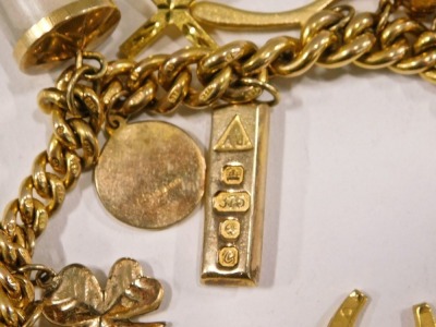 A 9ct gold charm bracelet, the curb link bracelet with safety chain and heart shaped padlock, various 9ct gold charms to include elephant, wishing well, clover, bell, ten shilling money roll, miniature gold ingot, wish bone, cross, shell hat, crib, boat, - 2