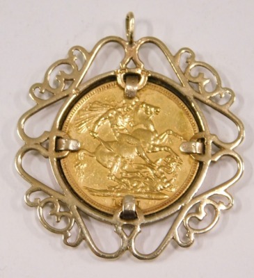 A Victorian full gold sovereign, dated 1891, in a 9ct gold scroll work pendant mount, 11.7g. - 2