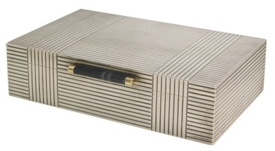 A George V silver presentation cigarette box, of striped outer design with a black onyx barrel handle, and a fitted wooden interior with internal inscription from the British Legion for Major H Rodwell MC from the Old and New Buckingham Branch to their Fo