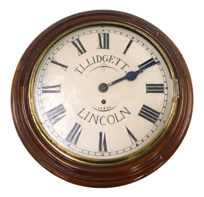 A Victorian mahogany wall clock, the painted dial bearing name TL Lidgett Lincoln, with brass bezel and single fusee movement, the dial later painted, 39cm diameter.