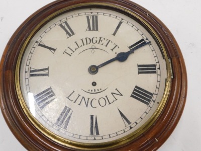 A Victorian mahogany wall clock, the painted dial bearing name TL Lidgett Lincoln, with brass bezel and single fusee movement, the dial later painted, 39cm diameter. - 2